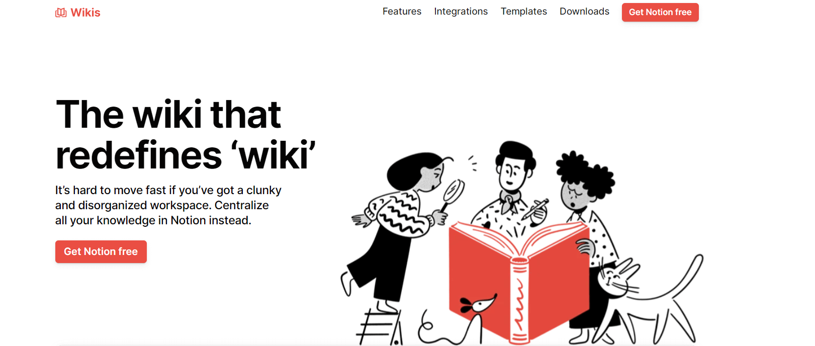 Illustration of a team collaborating around a large book, promoting Notion's centralized wiki for organizing workspace knowledge. "Get Notion free" button included.