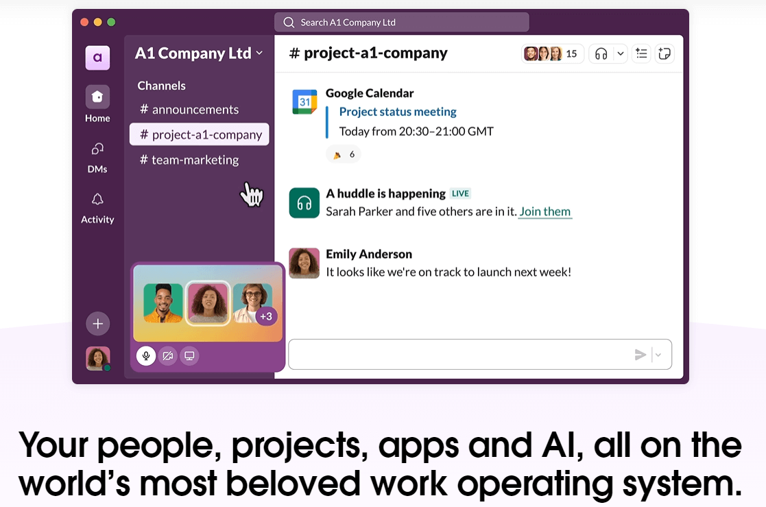 Slack channel showing project channels, meetings, live huddles, and team chat for A1 Company Ltd, integrating people, apps, and AI.