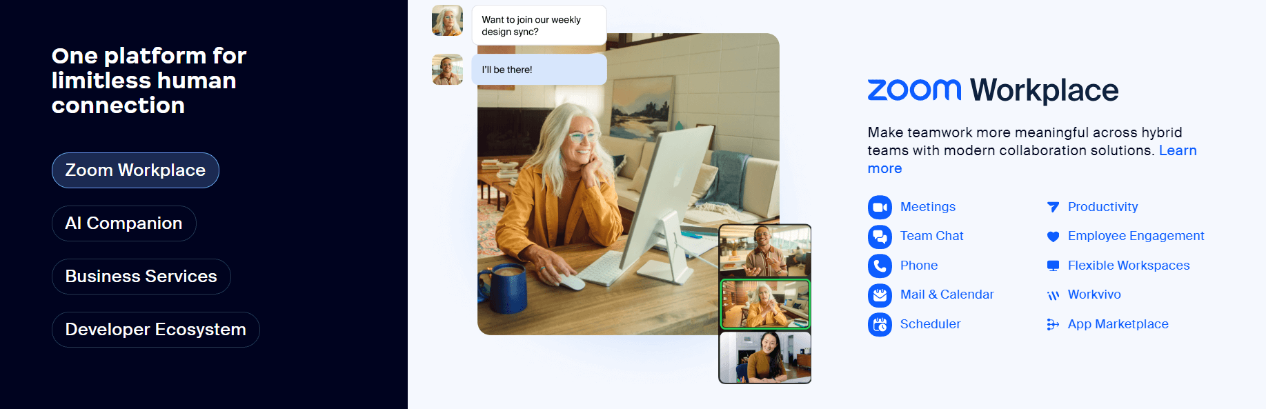 Zoom Workplace promotion highlighting features like meetings, team chat, mail, scheduler, and hybrid team collaboration with a video call interface.