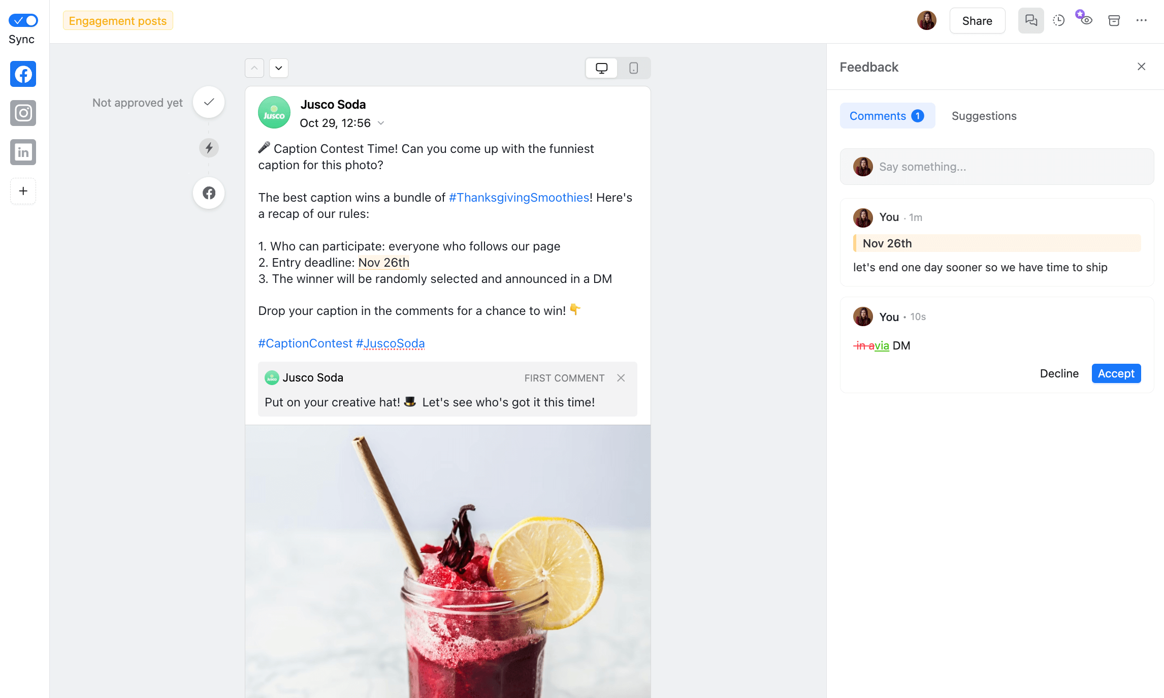 Facebook post in Planable, with caption and image, and collaboration on the right side through annotation and text suggestion.