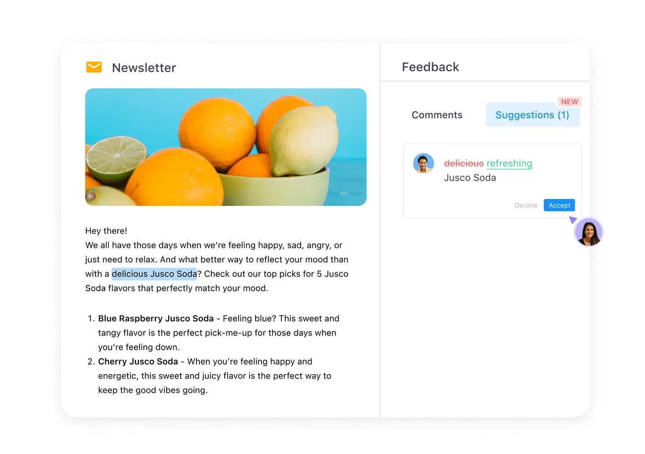 Newsletter draft in Planable about Jusco Soda with citrus fruit image on the left and feedback comments suggesting word changes on the right.