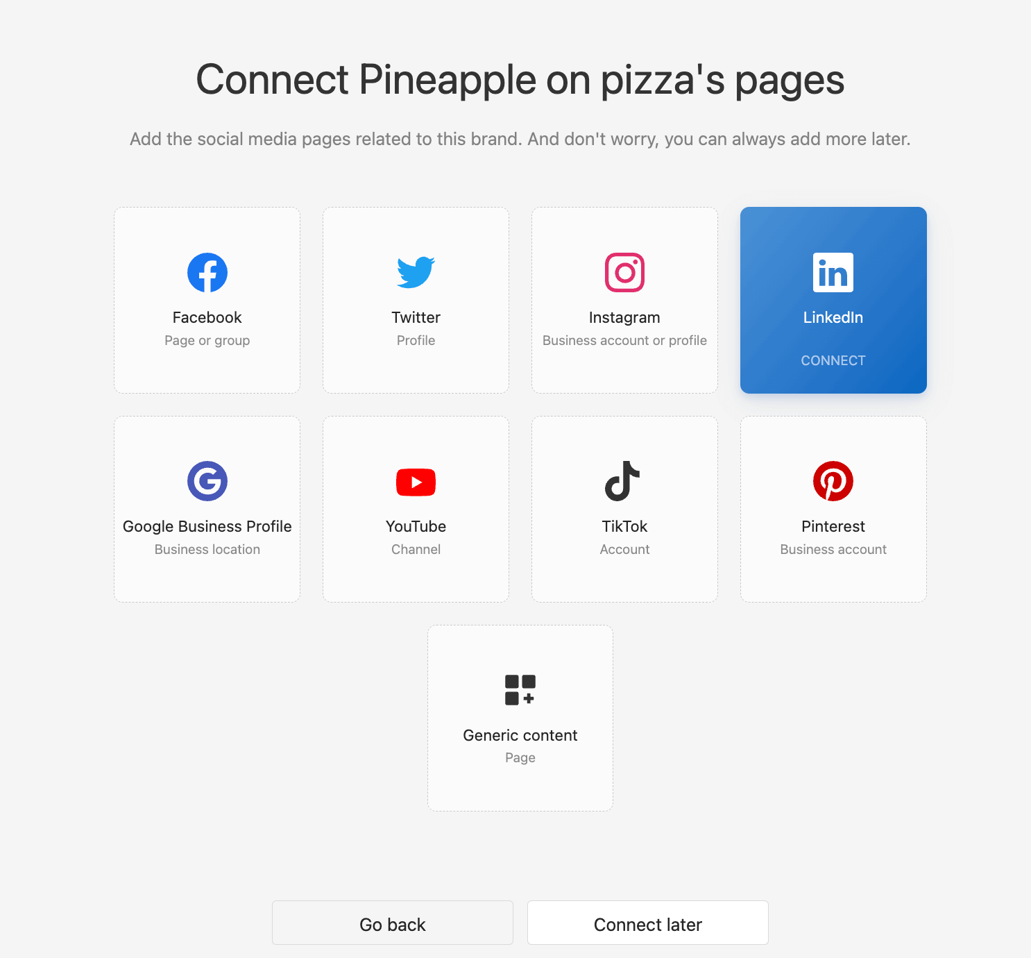 Social media connection setup for Pineapple on pizza's pages, with options to link platforms like Facebook, Twitter, Instagram, and LinkedIn in Planable