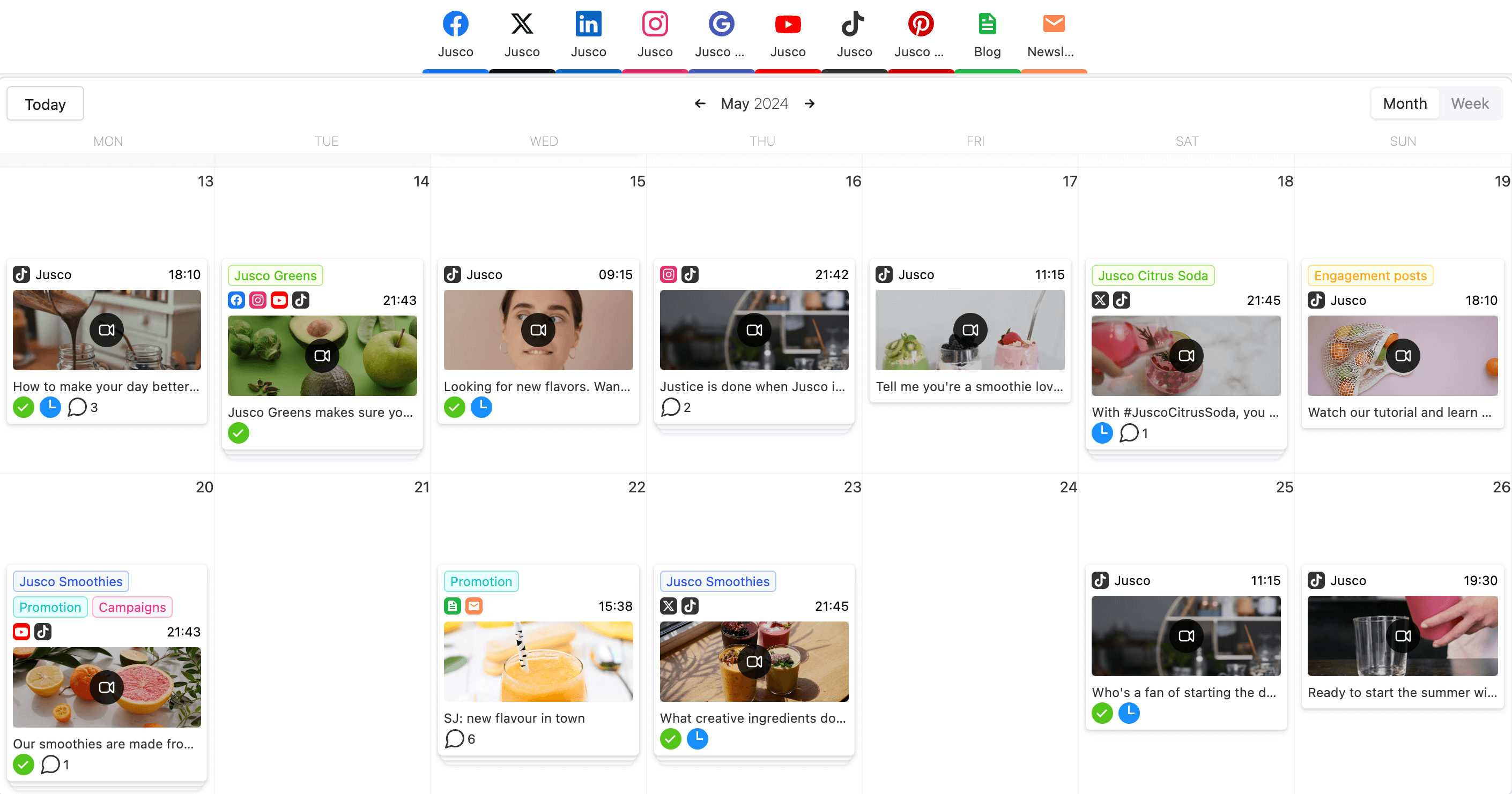 Social media content calendar in Planable showing scheduled video posts across platforms like TikTok, Instagram, and YouTube.