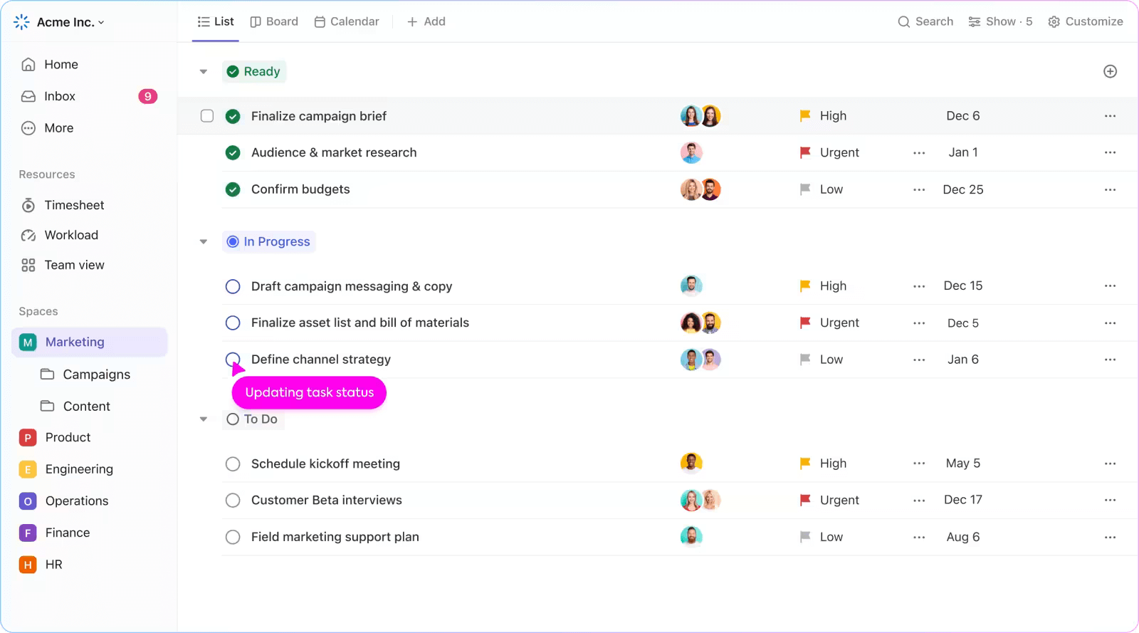 Project management dashboard in Clickup showing marketing tasks in various stages, with priority levels and deadlines for each item.