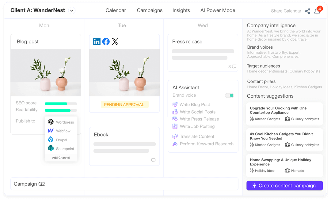 Content management dashboard for WanderNest client showing scheduled blog posts, press releases, and content suggestions with AI assistant tools.