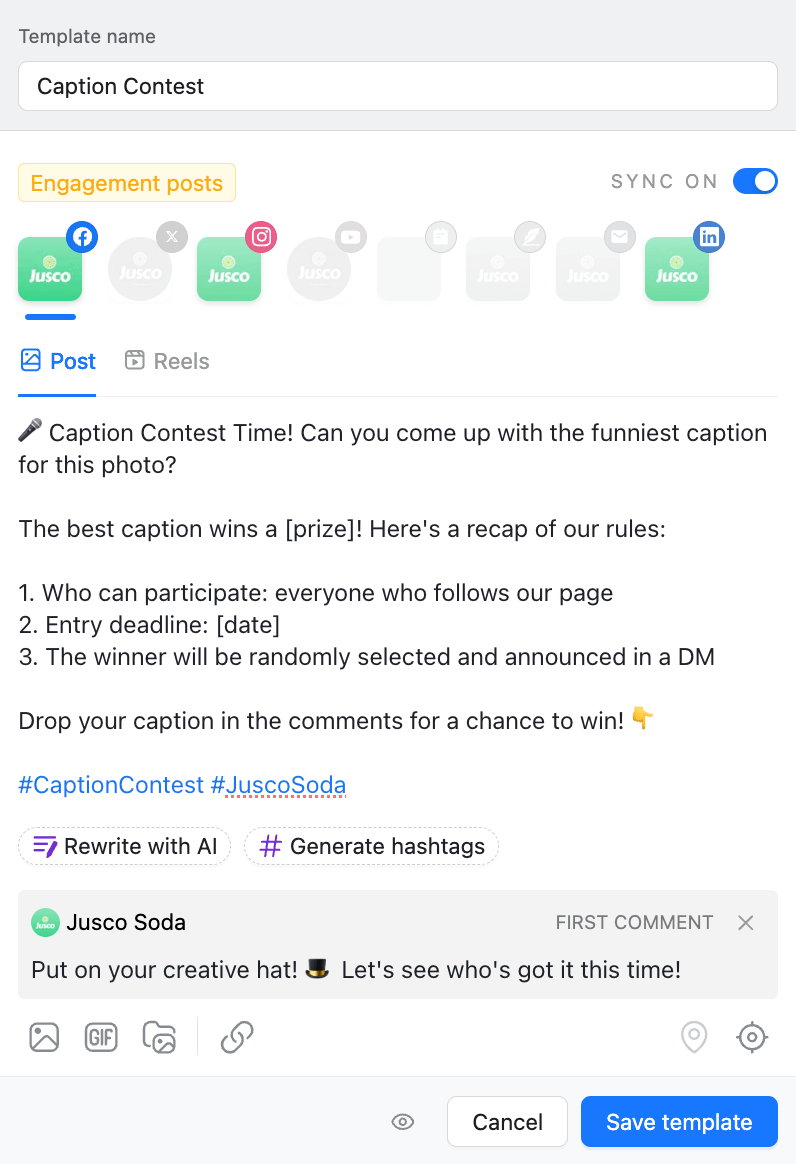 Template editor showing a caption contest template with selected social networks, caption text, hashtags, and a first comment.