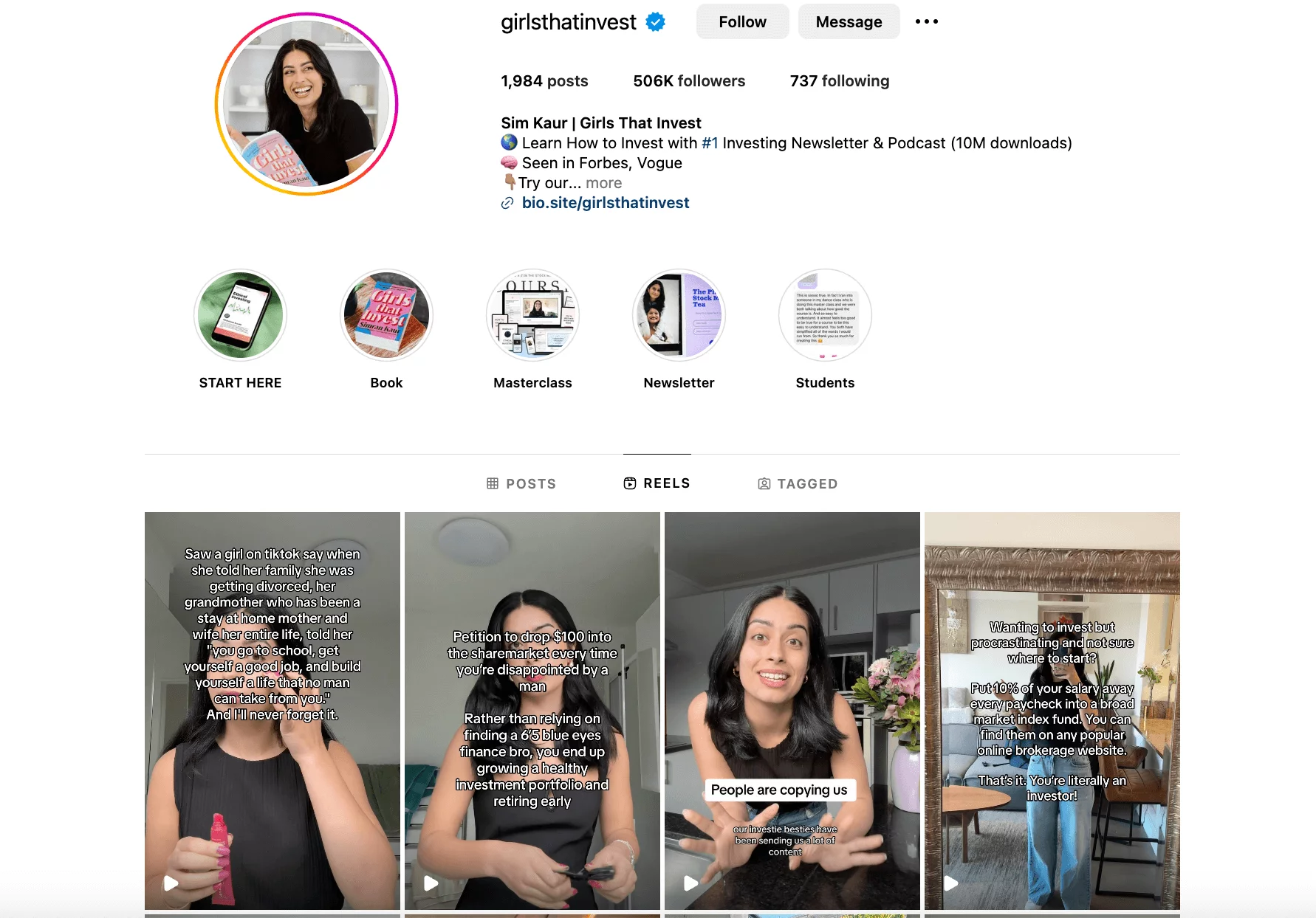 Instagram profile of @girlsthatinvest, featuring investing tips, reels, and highlights about books, masterclasses, and newsletters. Followers: 506K.