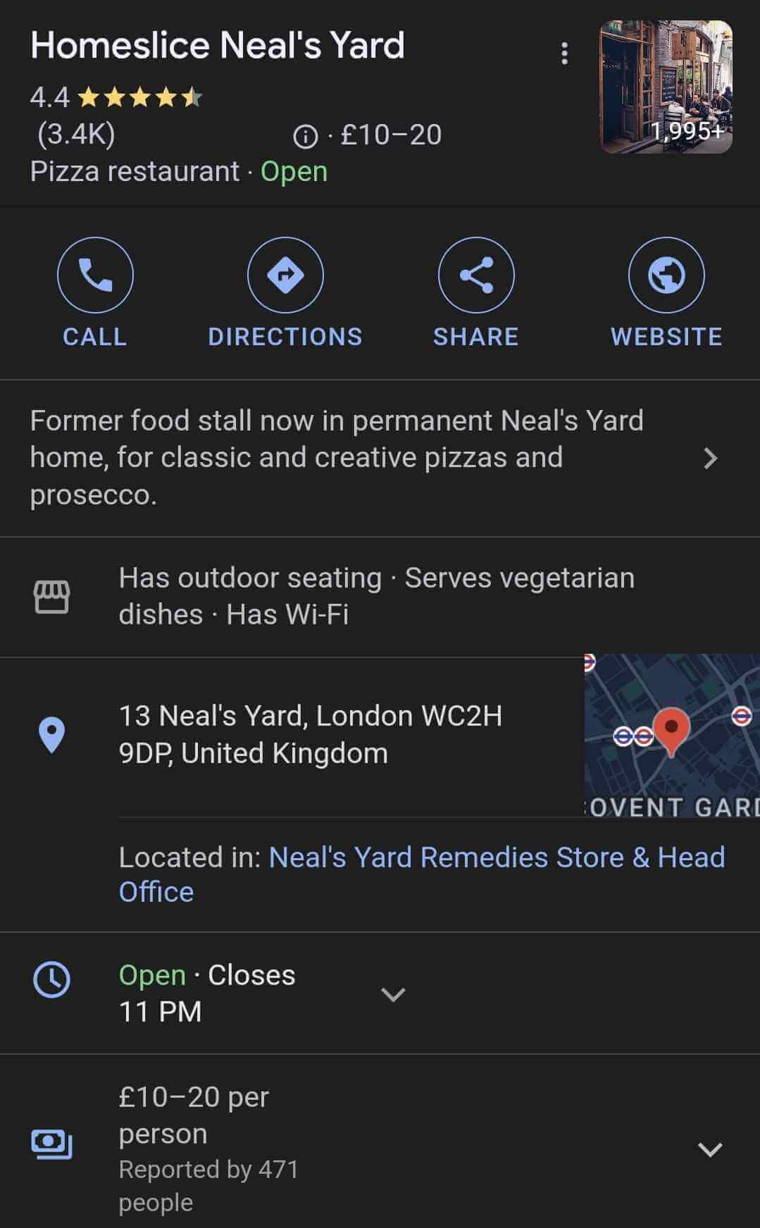 Google listing for Homeslice Neal's Yard pizza restaurant, showing ratings, pricing, opening hours, location, and contact details.