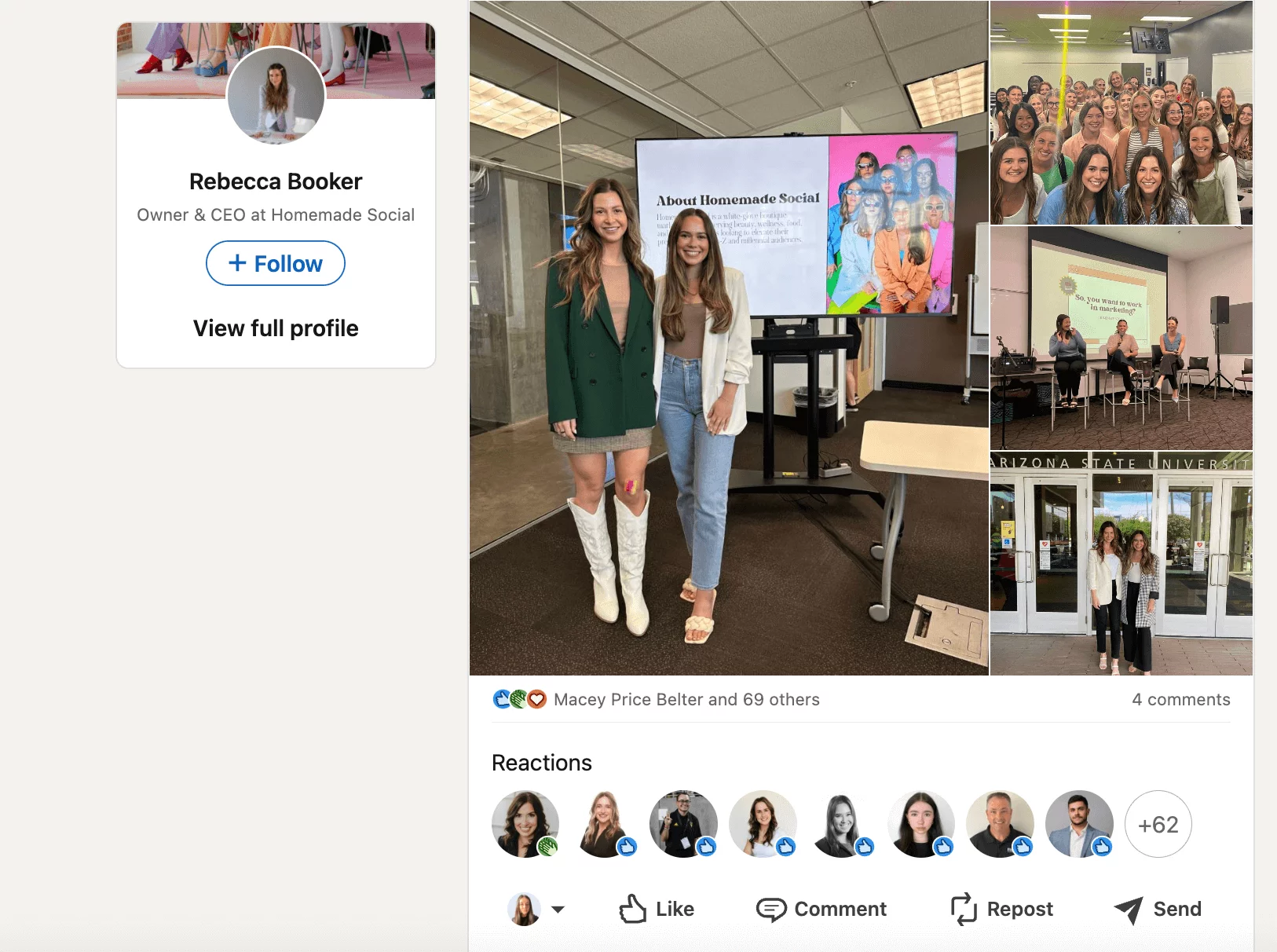 Linkedin profile of Rebecca Booker showing her and a colleague standing by a screen with "About Homemade Social" displayed, during a presentation or event.