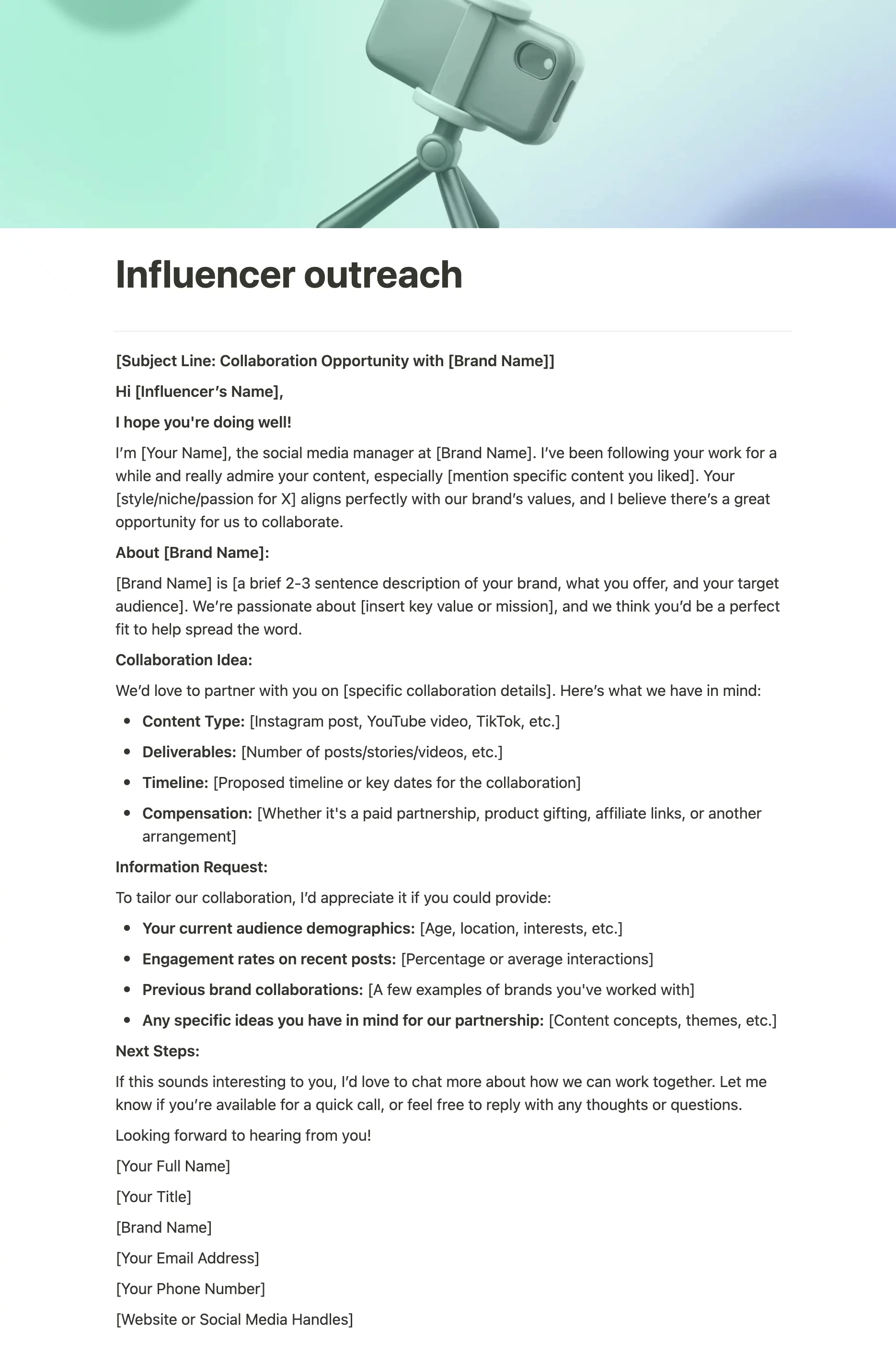 Influencer outreach email template with suggested structure for information such as about the brand section, collaboration idea, and request for information.