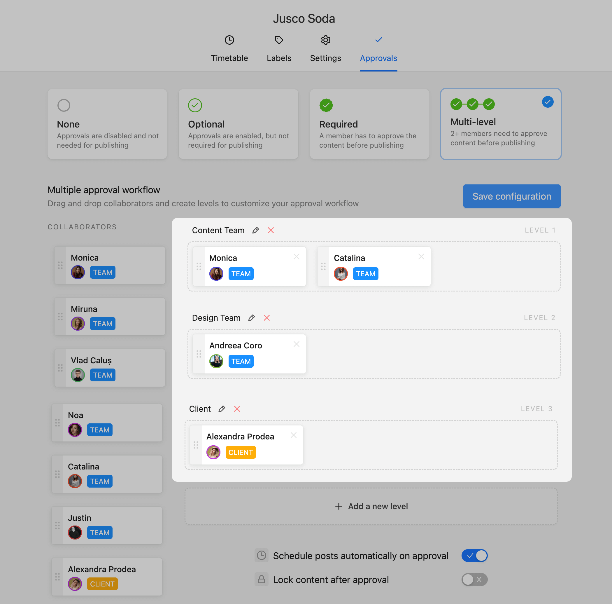 Approval workflow setup for Jusco Soda in Planable, showing a multi-level approval process with content, design teams, and clients needing to approve posts before publishing.