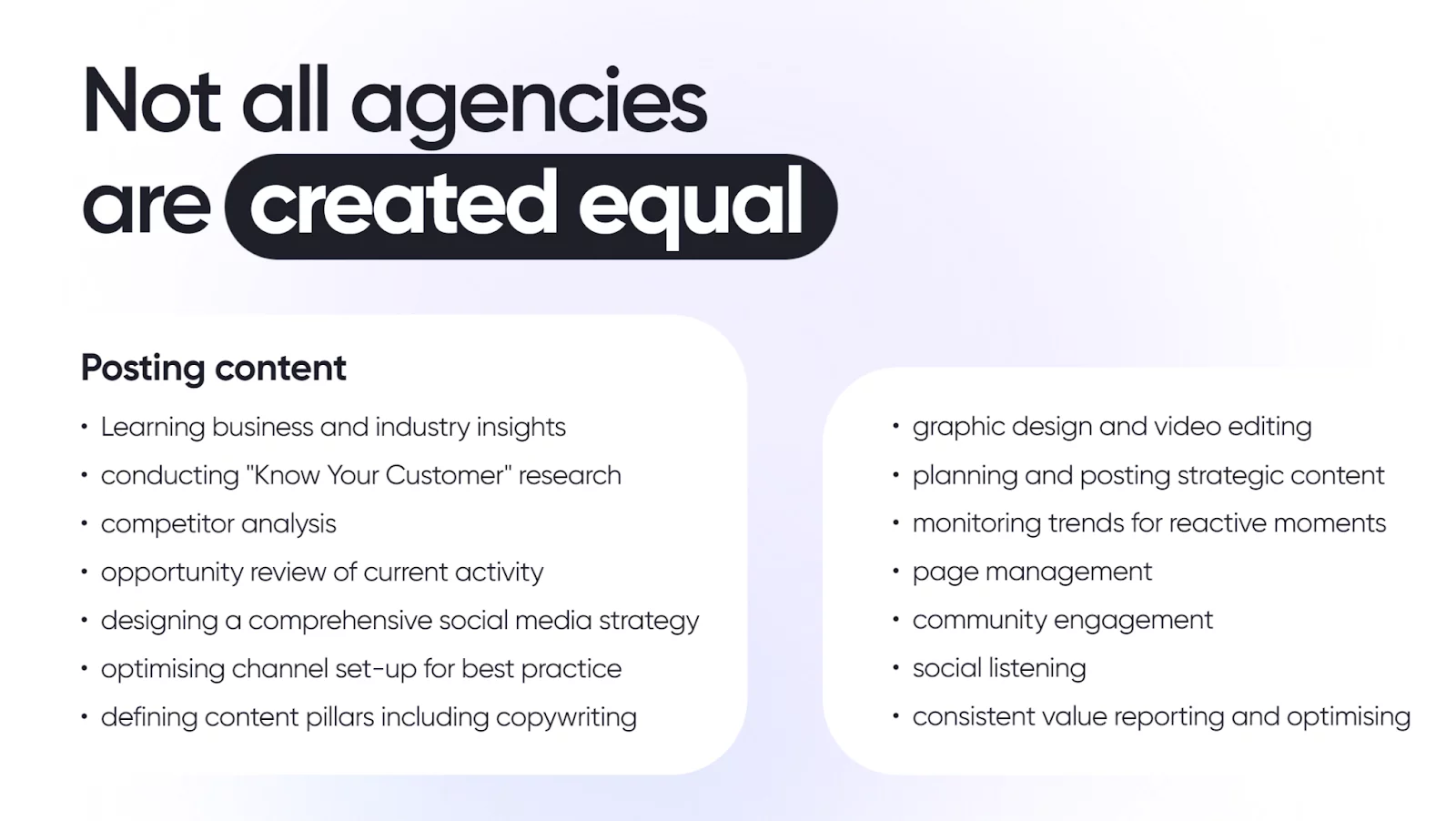 Marketing agency comparison graphic listing key services, including social media strategy, content creation, and competitor analysis.