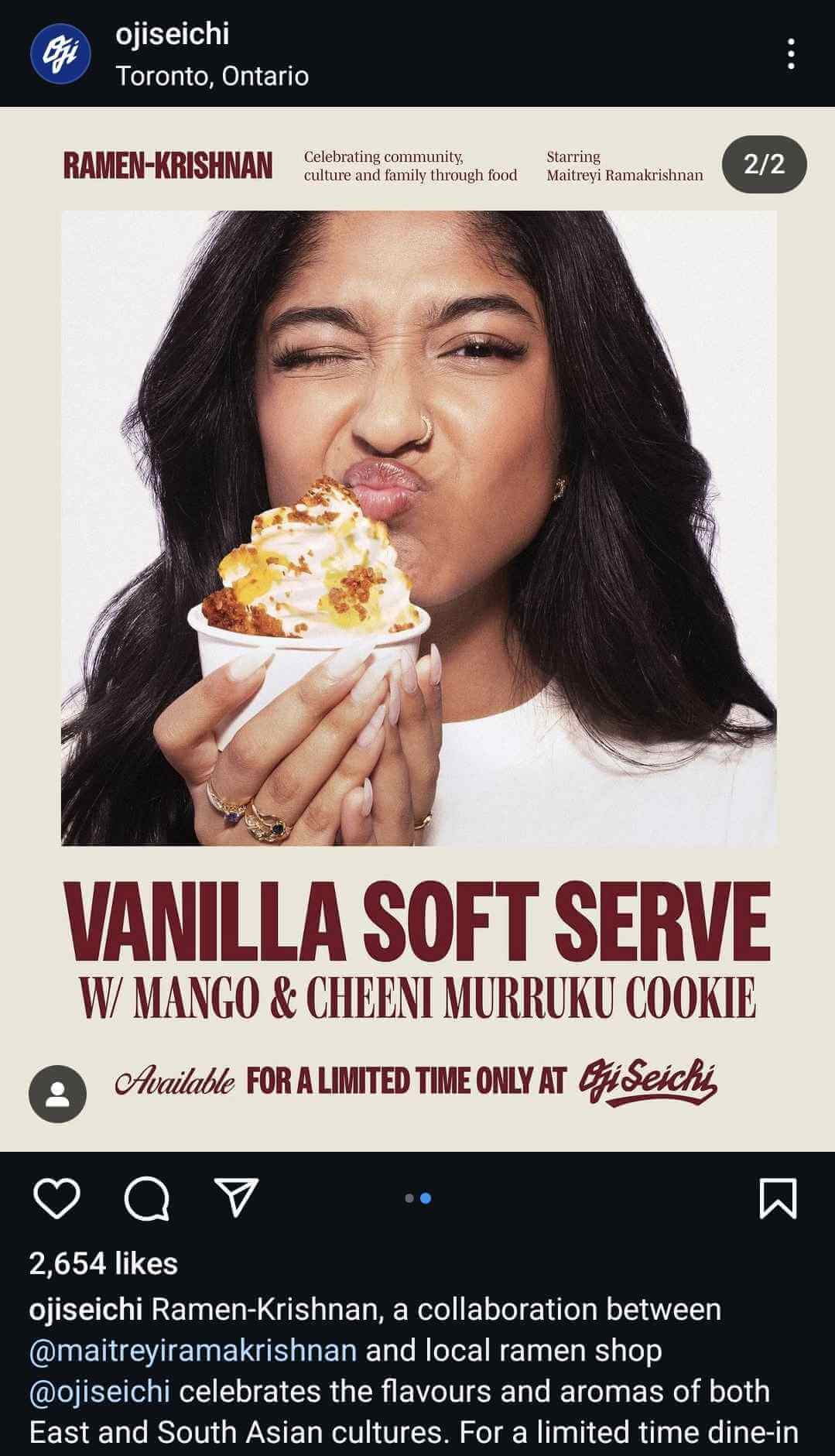 Maitreyi Ramakrishnan enjoying vanilla soft serve with mango and Cheeni Murukku cookie in a promotional post for OjiSeichi's limited-time dessert.