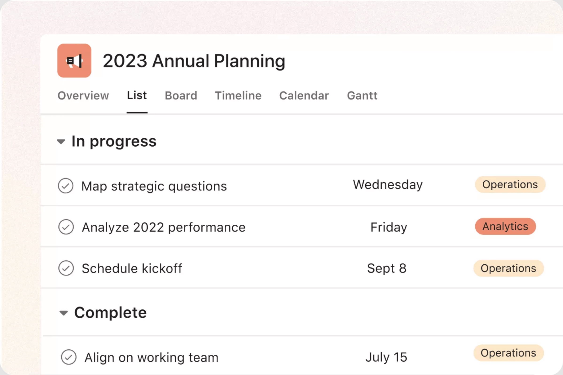 Annual Planning task list in Asana with "In progress" and "Complete" sections, showing tasks like "Map strategic questions" and "Analyze 2022 performance."