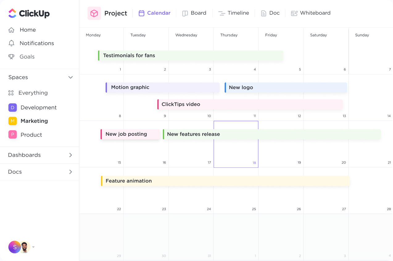 ClickUp project calendar view displaying tasks for the month, including "New job posting," "Motion graphic," and "Feature animation," organized by color-coded categories.