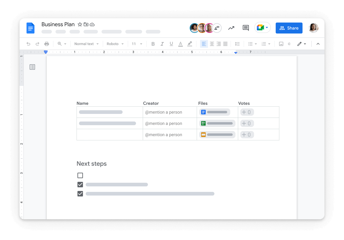 Collaborative Google Doc titled "Business Plan" with a table for tracking names, creators, files, and votes, followed by a checklist of next steps.