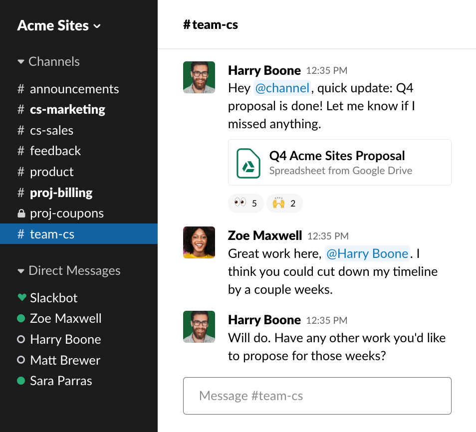 Slack conversation in the #team-cs channel where Harry Boone shares the Q4 Acme Sites Proposal, and Zoe Maxwell provides feedback on timeline adjustments.