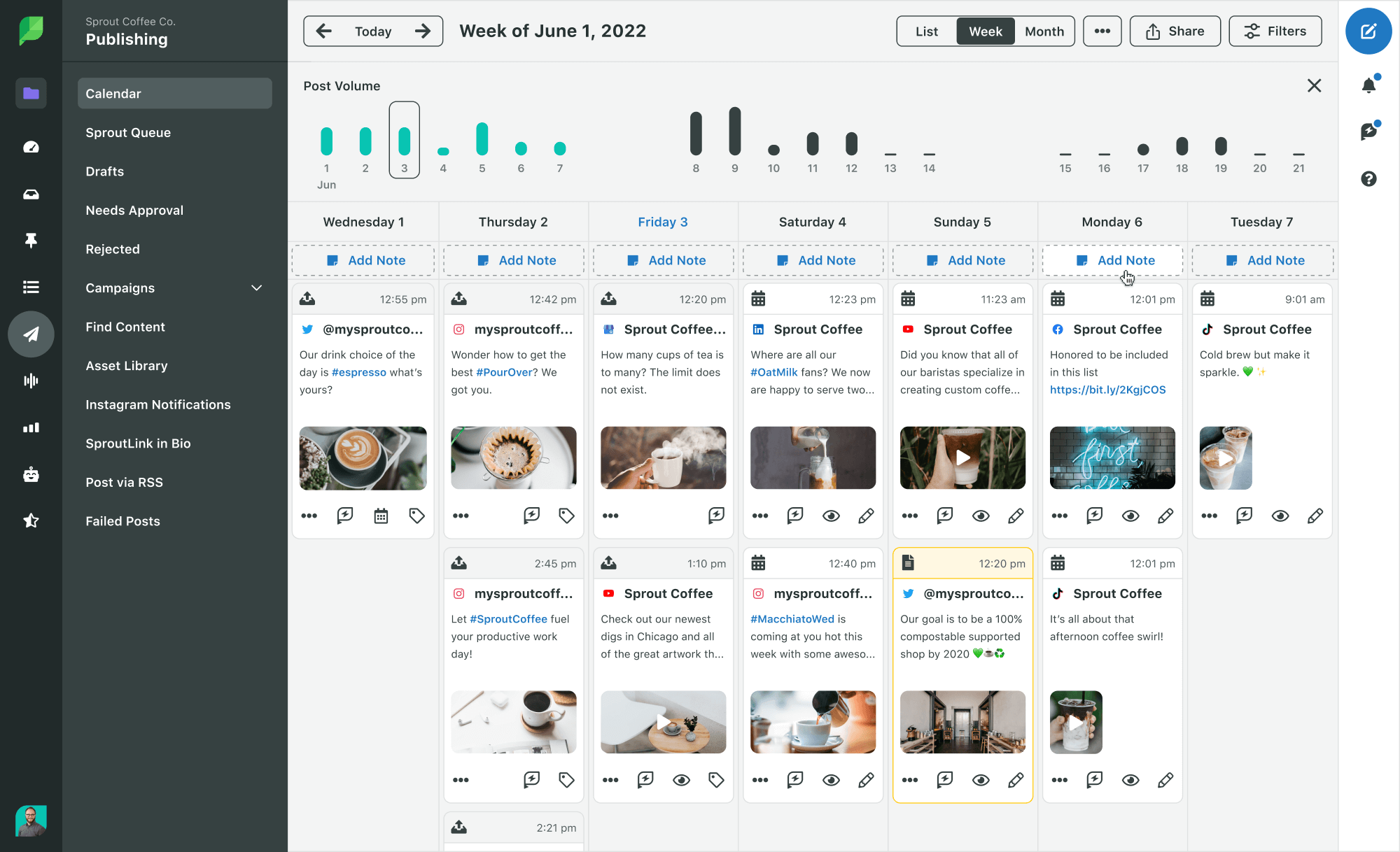 Social media content calendar for Sprout Coffee Co., showing scheduled posts across various platforms with images of coffee and hashtags like #PourOver and #OatMilk.