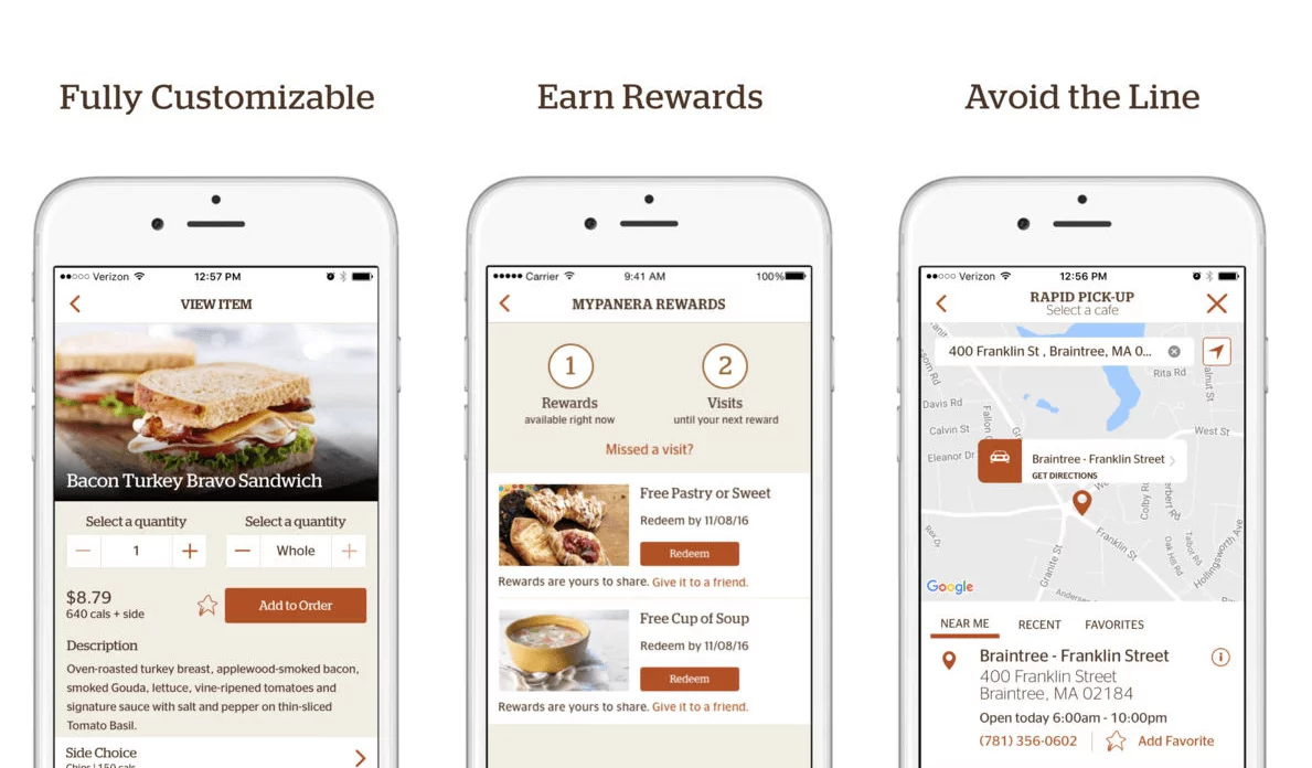 Panera Bread mobile app showing customizable sandwich orders, reward points for visits, and rapid pick-up location selection.