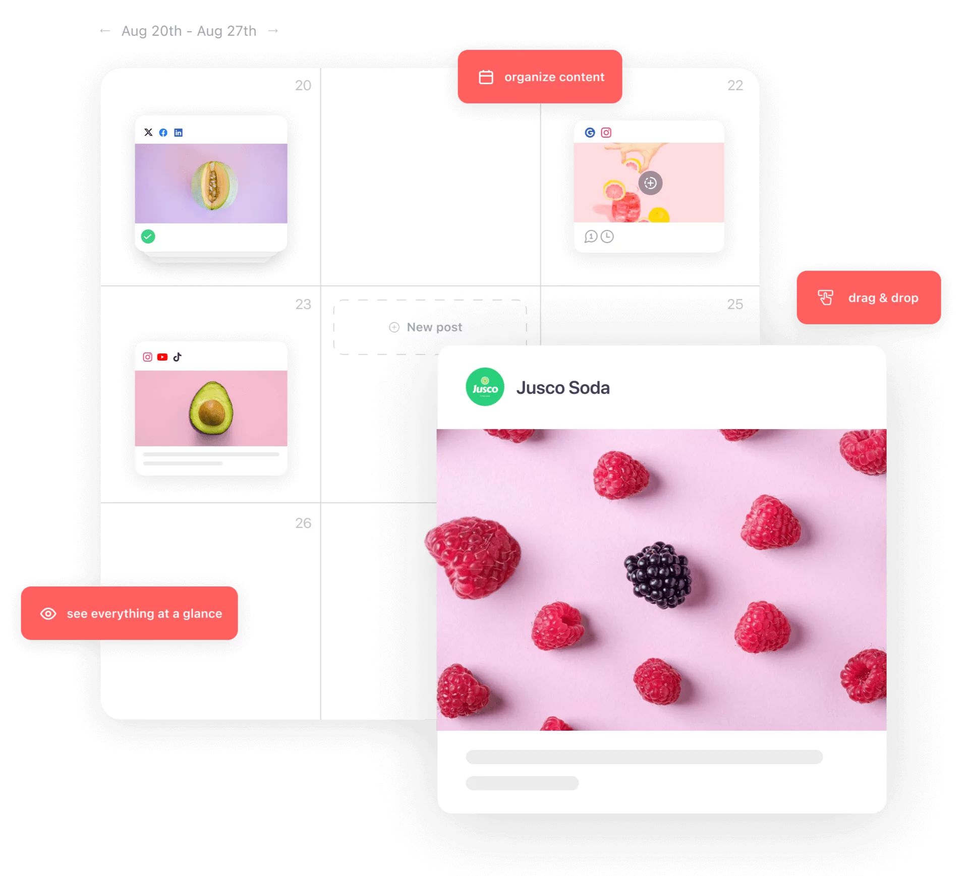 Content calendar in Planable with scheduled social media posts, including images of fruit for Jusco Soda, with drag-and-drop and organization features highlighted.