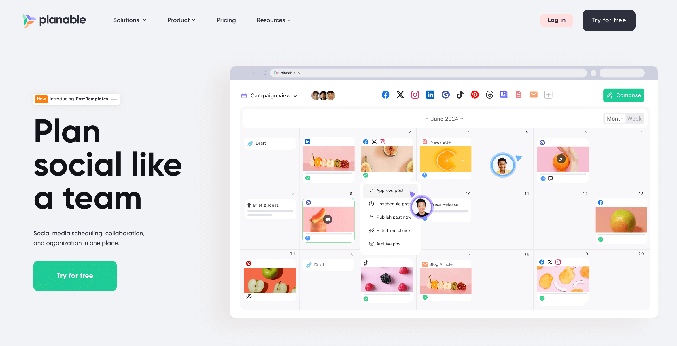 Planable homepage with collaborative content calendar