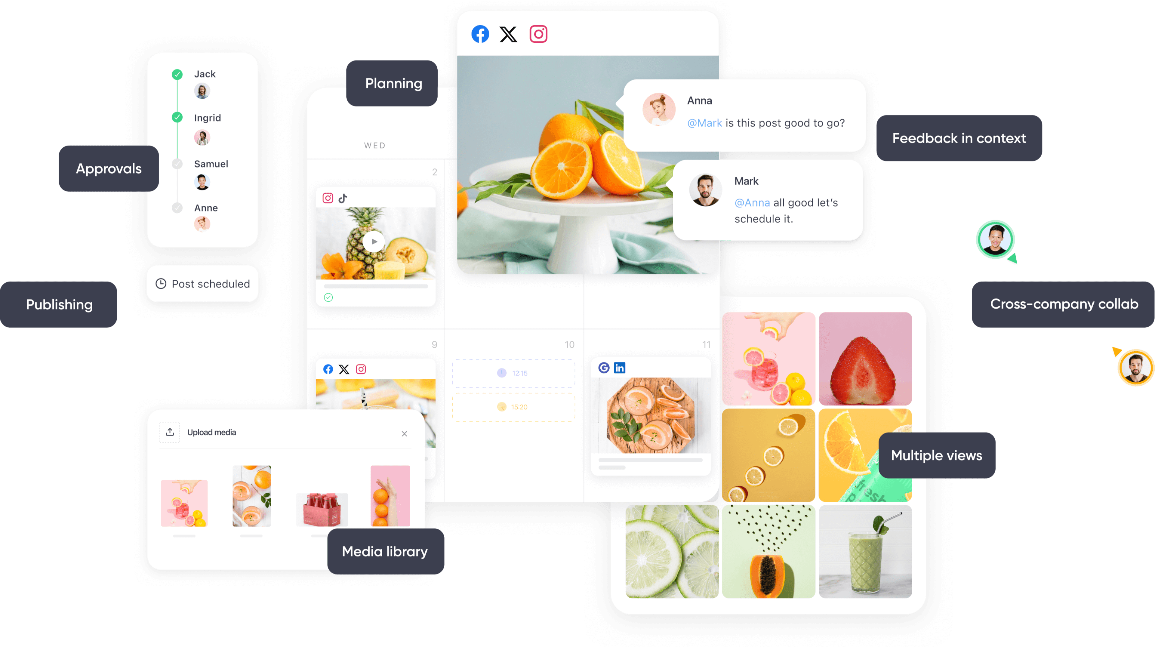 Planable interface showing post scheduling, approvals, feedback, media library, and cross-company collaboration.