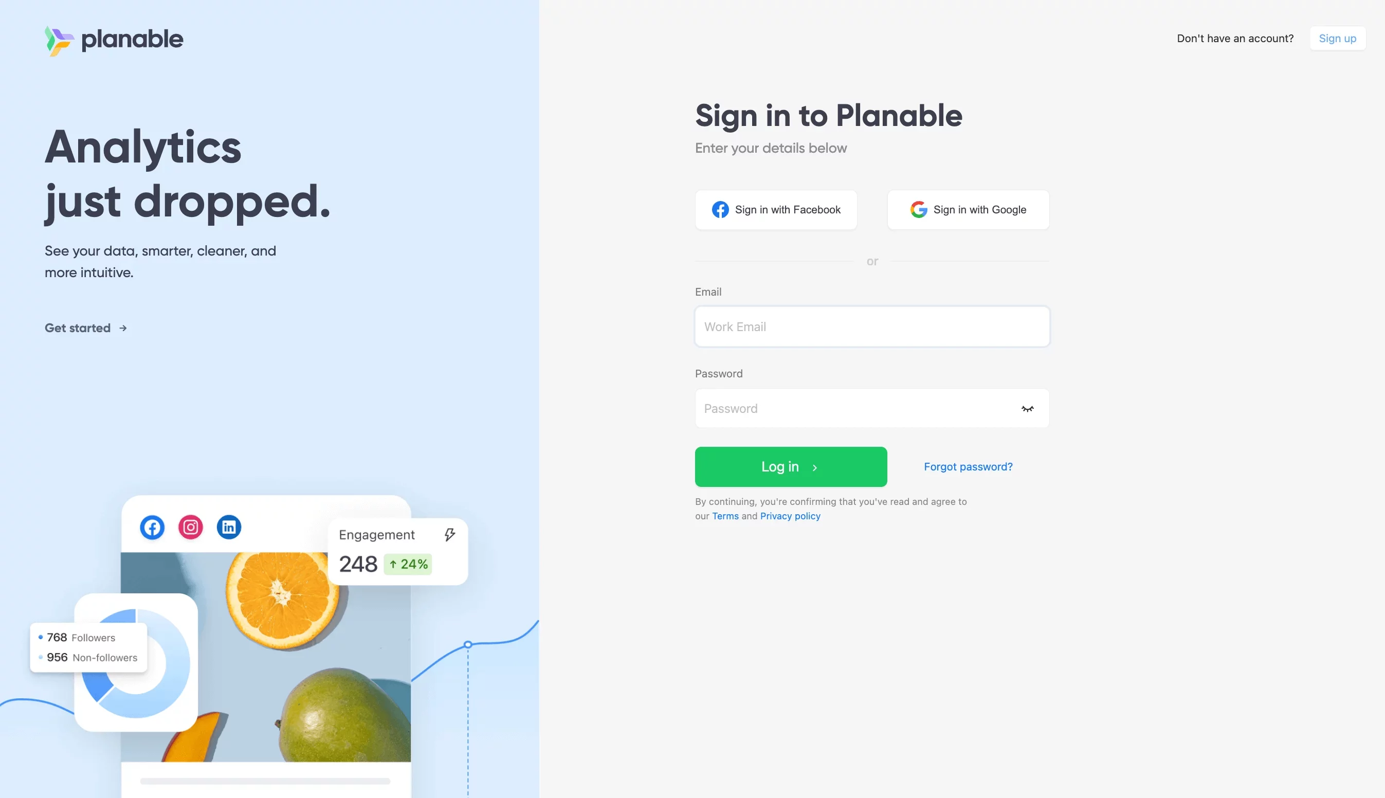 Planable sign-in page with options to log in via Facebook, Google, or email, and a promotion for newly released analytics features.