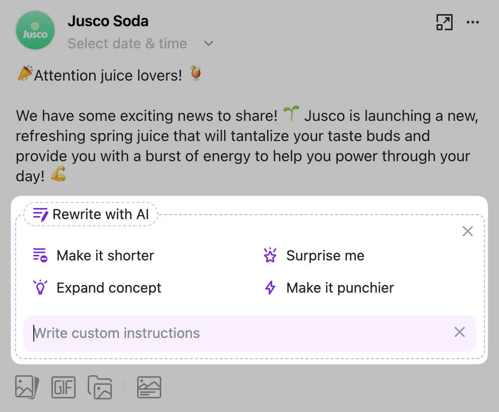 Jusco Soda social media post draft in Planable announcing a new spring juice, with options to rewrite or edit using AI tools for various adjustments.