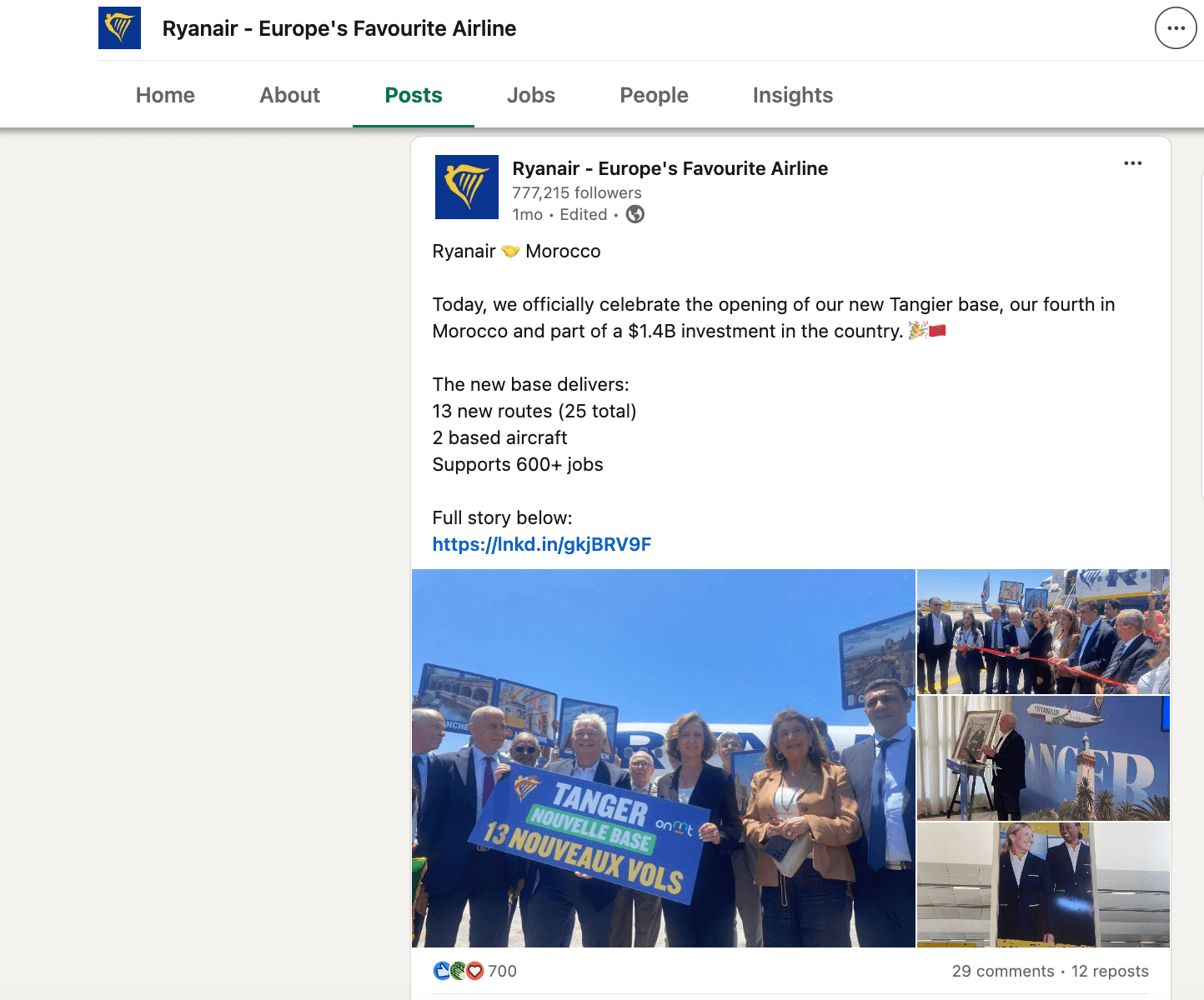 Linkedin post showing Ryanair executives and officials celebrate the opening of the new Tangier base in Morocco, holding a sign announcing 13 new routes.