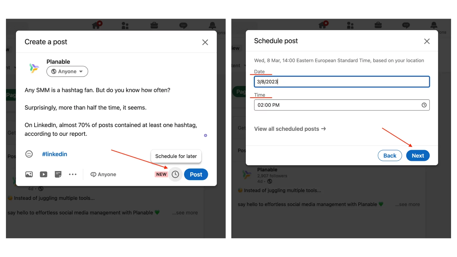 LinkedIn post creation window with an option to schedule the post, followed by a scheduling screen to set the date and time.