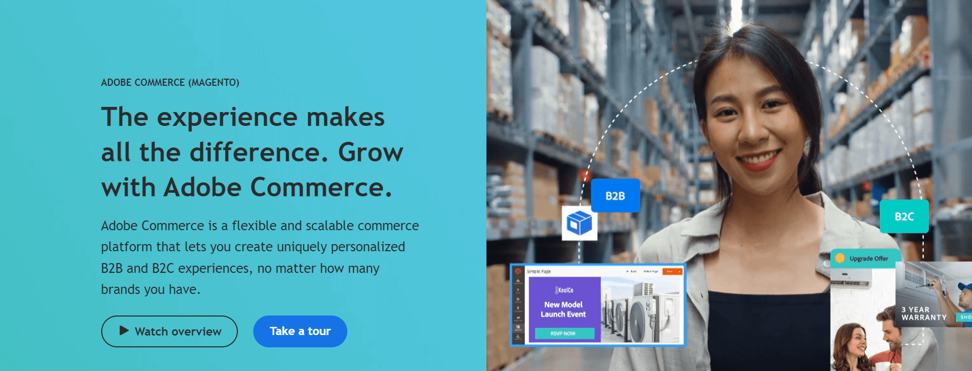 Adobe Commerce promotional banner highlighting B2B and B2C personalized experiences, featuring a woman in a warehouse and various commerce tools.