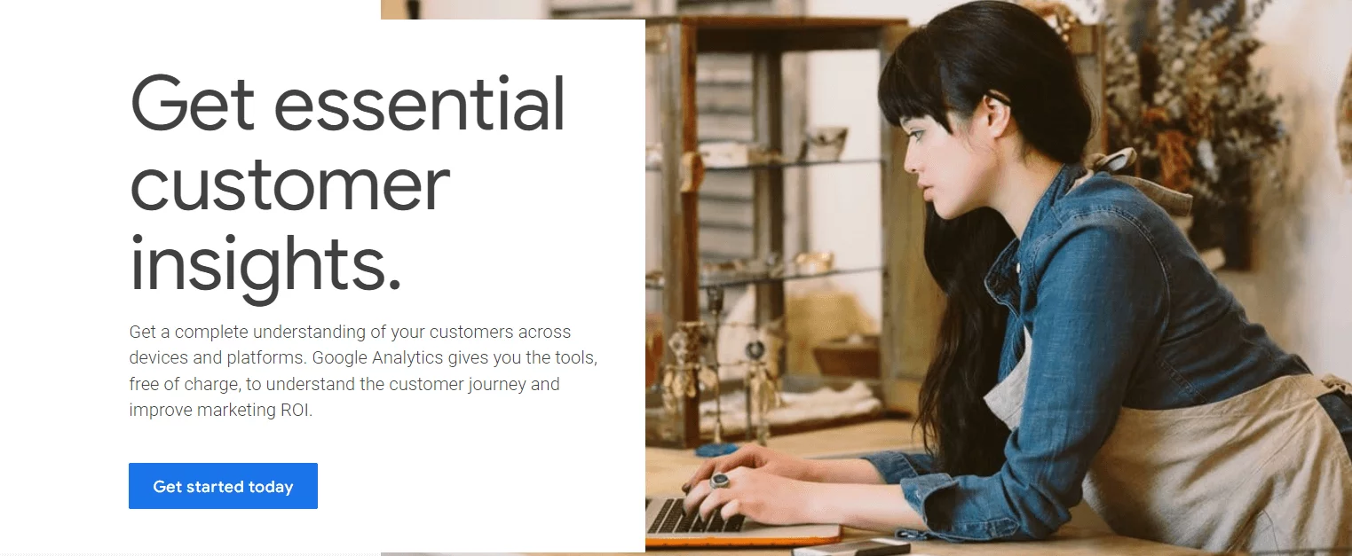 Google Analytics promotional banner featuring a woman working on a laptop, highlighting customer insights and marketing ROI improvement.