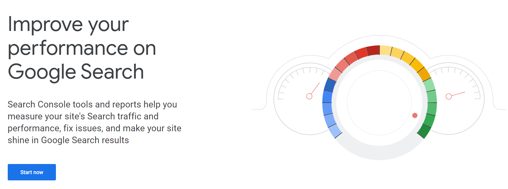 Google Search Console hp featuring a performance speedometer graphic, highlighting tools to improve search traffic and fix issues.