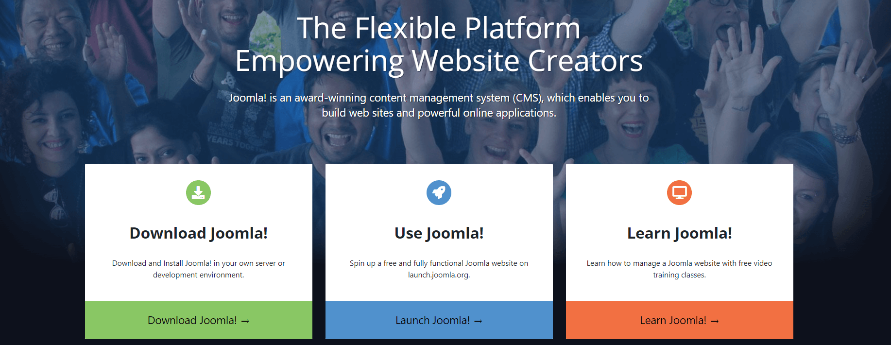 Joomla CMS promotional banner offering options to download, use, or learn Joomla, with a group of people celebrating in the background.
