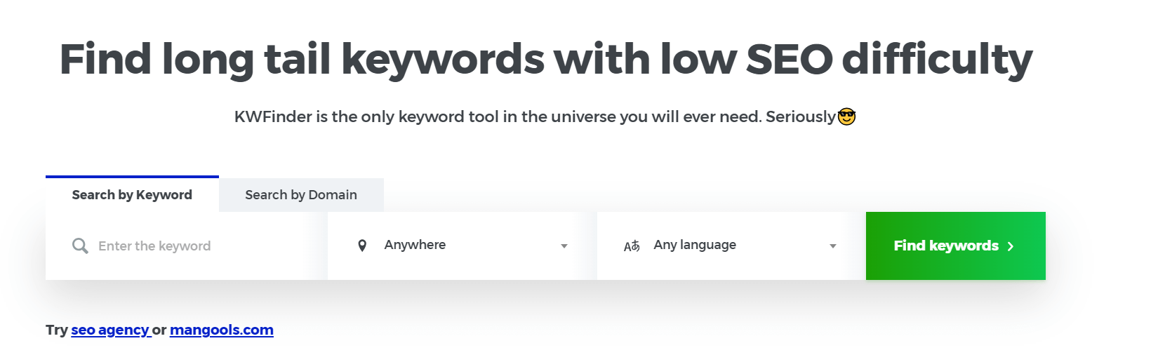 KWFinder tool page promoting long-tail keyword research with low SEO difficulty, featuring keyword and domain search options.