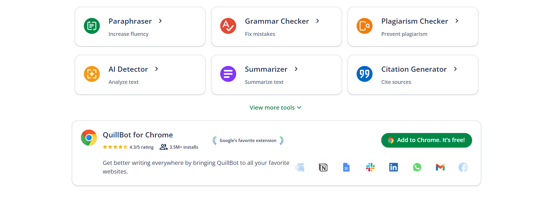 QuillBot tools page showcasing features like paraphraser, grammar checker, AI detector, summarizer, and a Chrome extension for writing assistance.