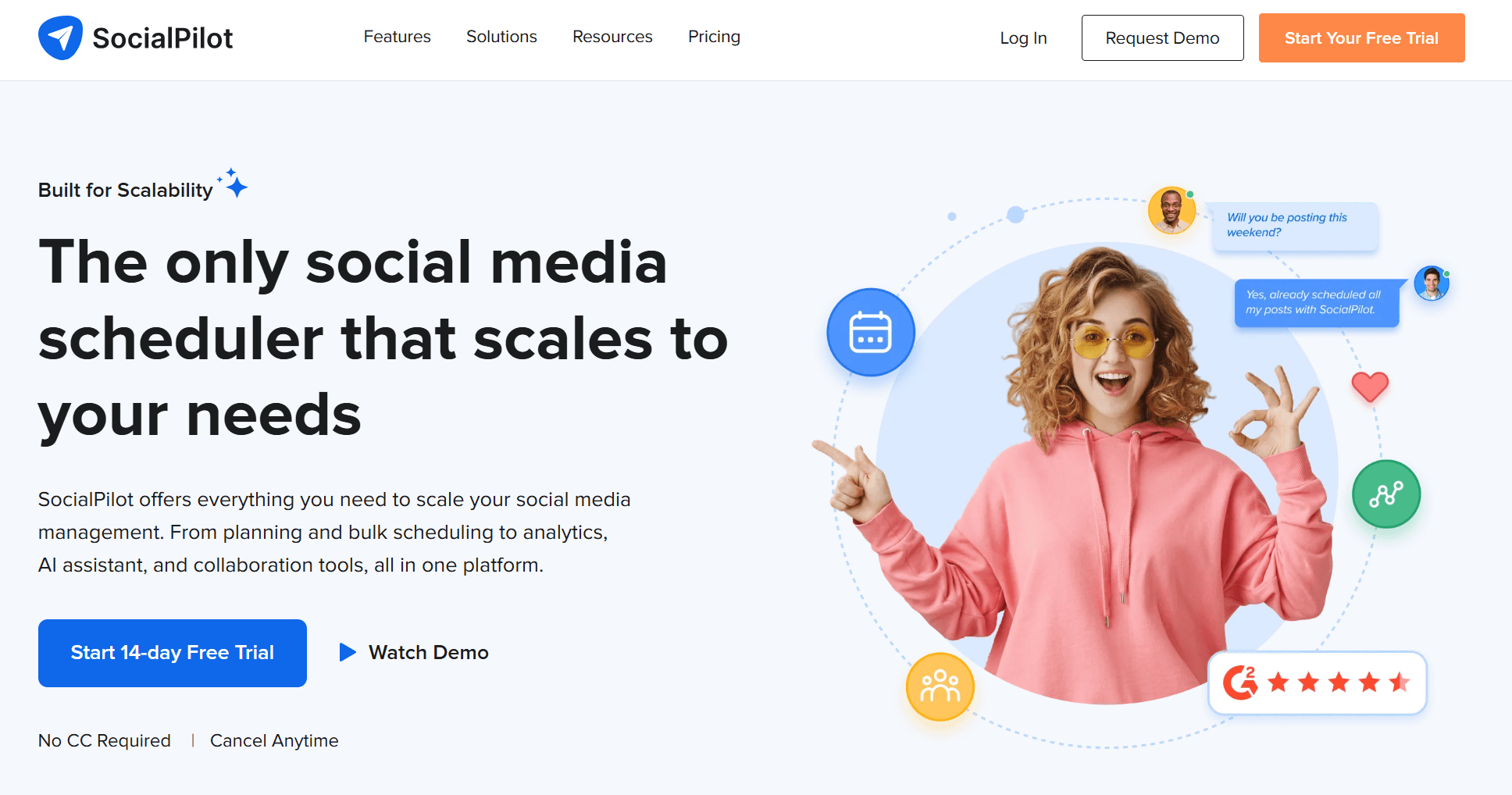 SocialPilot homepage highlighting scalable social media scheduling with trial offer, featuring a smiling woman and user message bubbles.