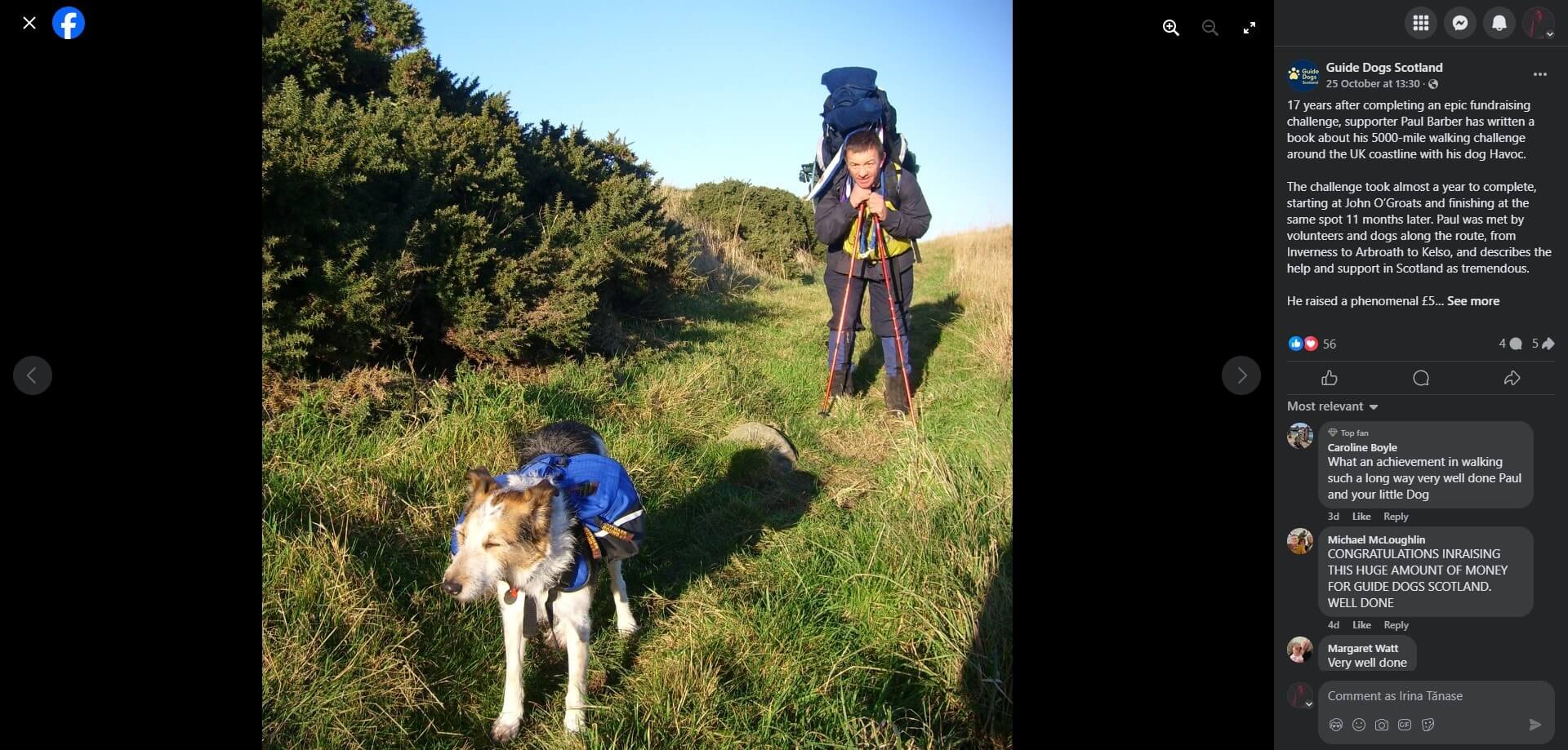 Guide Dogs Scotland's facebook post with a man with a large backpack hiking with his dog wearing a blue jacket on a grassy trail, part of a 5000-mile walking challenge.