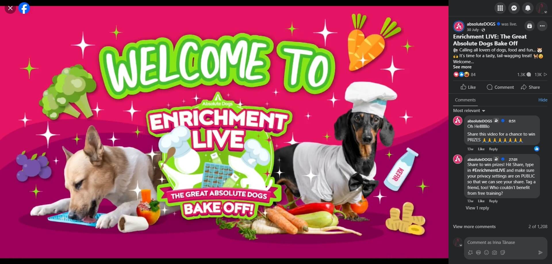 absoluteDOGS's post on facebook with colorful promotional banner for "Enrichment LIVE: The Great Absolute Dogs Bake Off," featuring dogs, vegetables, and playful graphics.