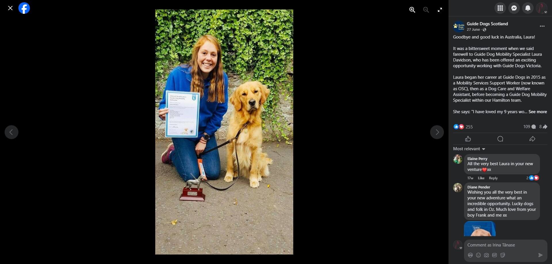 Guide Dogs Scotland post showing the Guide Dog Mobility Specialist Laura kneeling beside a Golden Retriever, holding a certificate and an award, with ivy in the background.