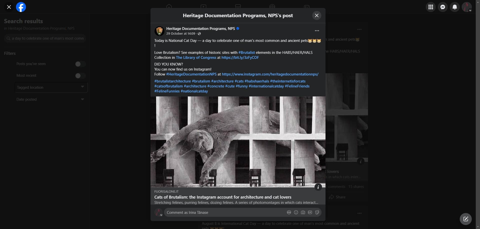 Heritage Documentation Programs, NPS's Facebook post showing a Black-and-white image of a cat lounging on a Brutalist architectural structure with concrete grid-like elements.