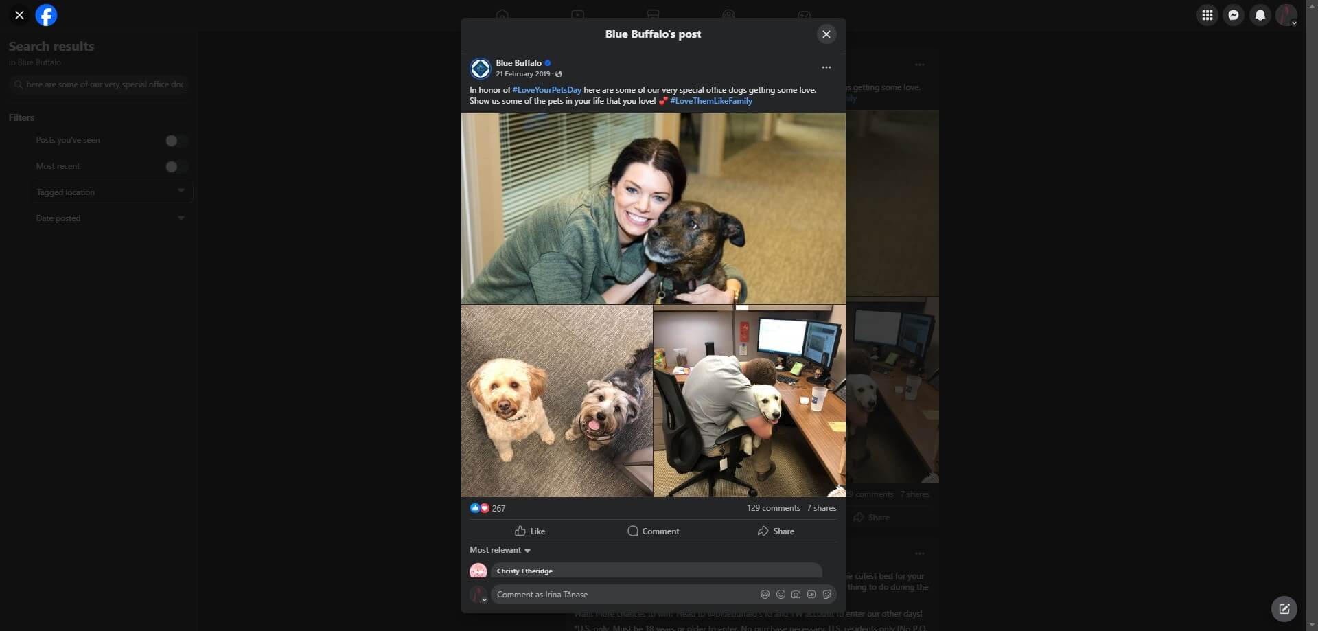 Blue Buffalo's post with a collage of office dogs at Blue Buffalo, including a woman hugging a dog, two dogs posing together, and a dog near a desk.