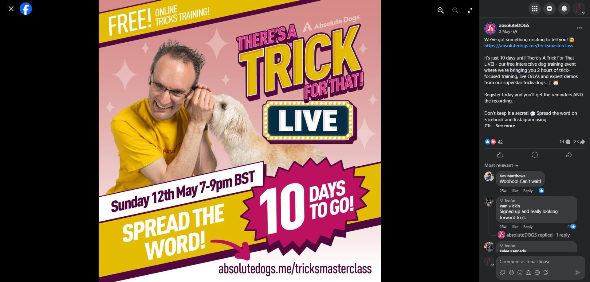 absoluteDOGS's Facebook post showcasing a man in a yellow shirt hugging a dog, promoting "There's a Trick For That! LIVE" online dog training event with countdown details.