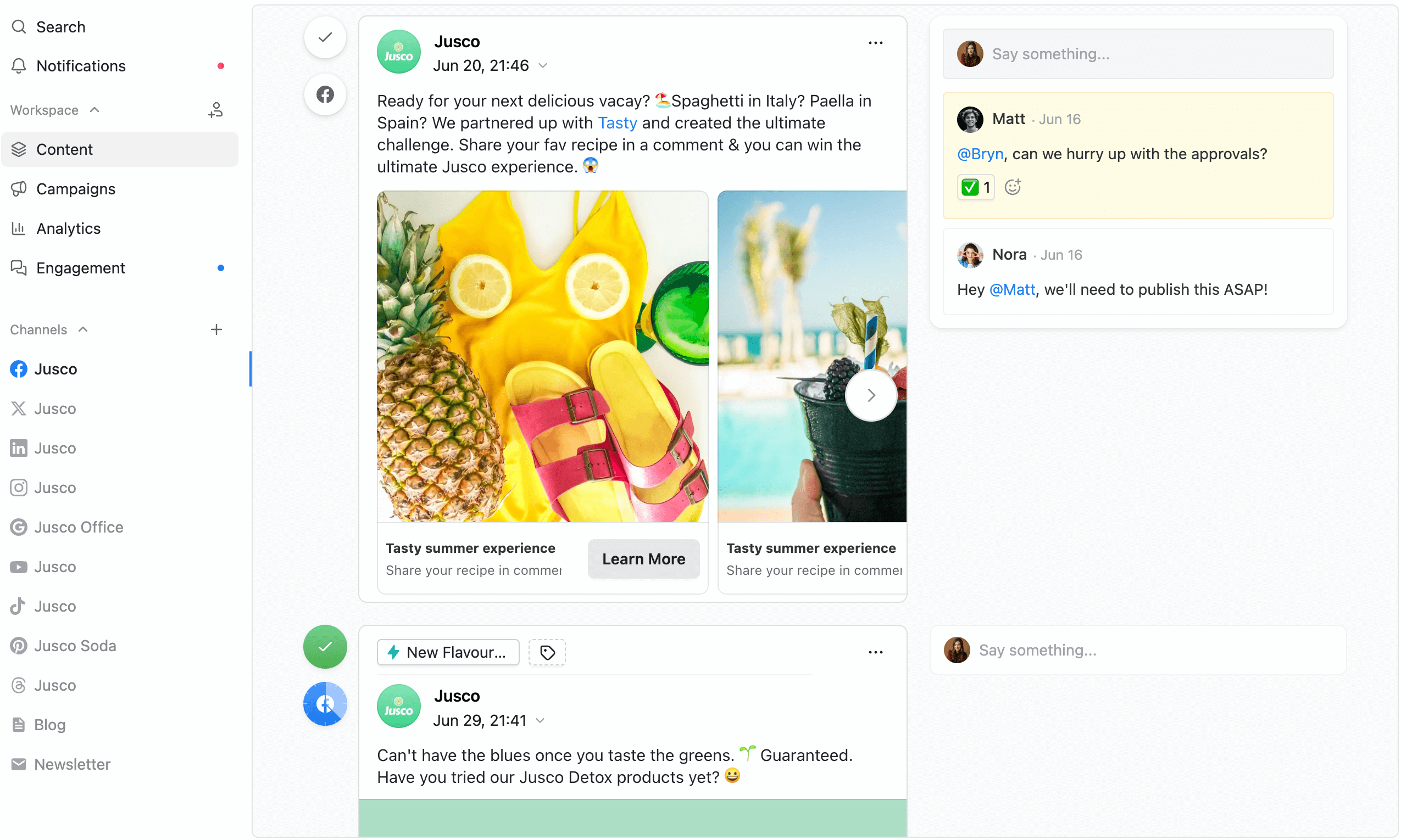 Content collaboration view showing a marketing agency's summer campaign post for Jusco on Planable software.