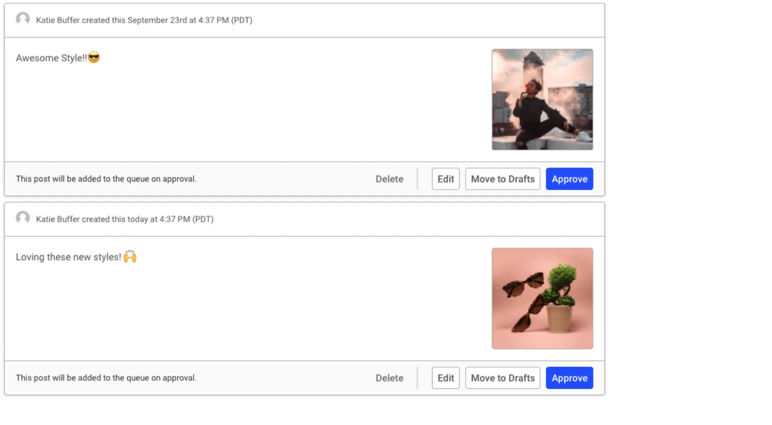 Approval queue in Buffer showing social media posts with images of a jumping woman in a cityscape and sunglasses with a potted plant.