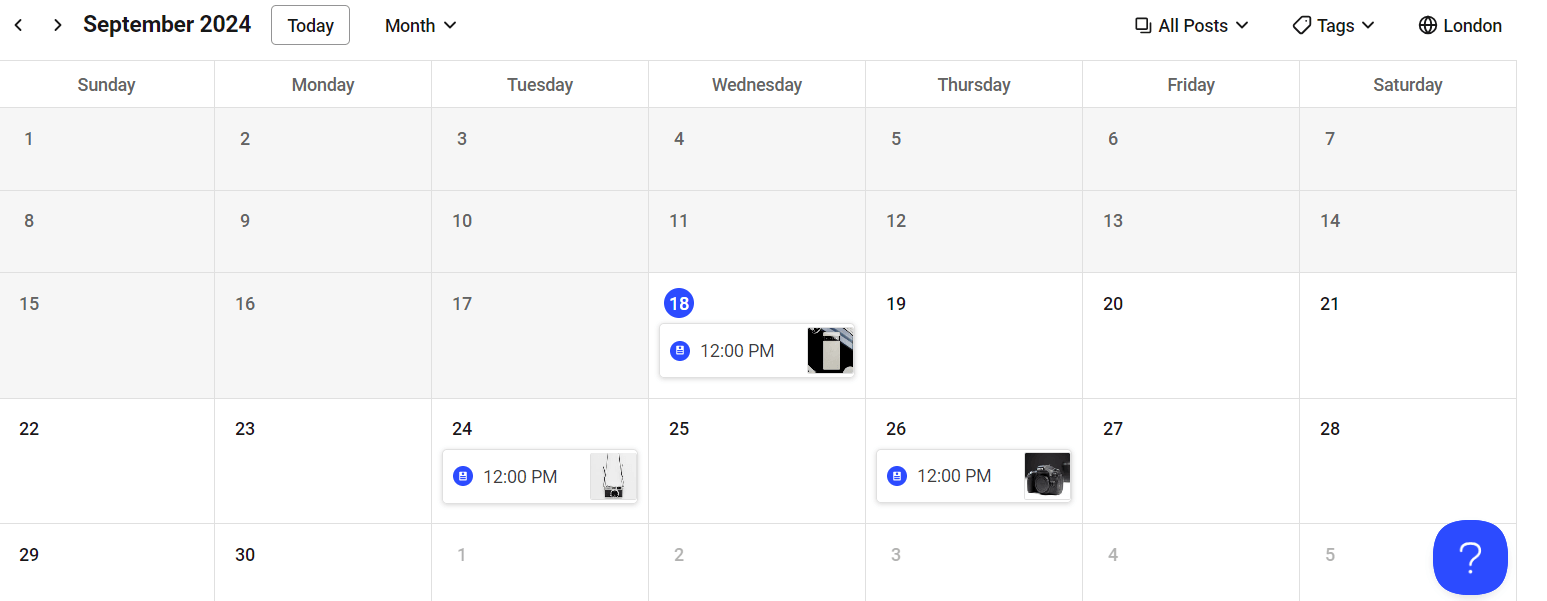 Monthly calendar view in Buffer showing scheduled posts with thumbnails and times, filtered by tags and location settings.