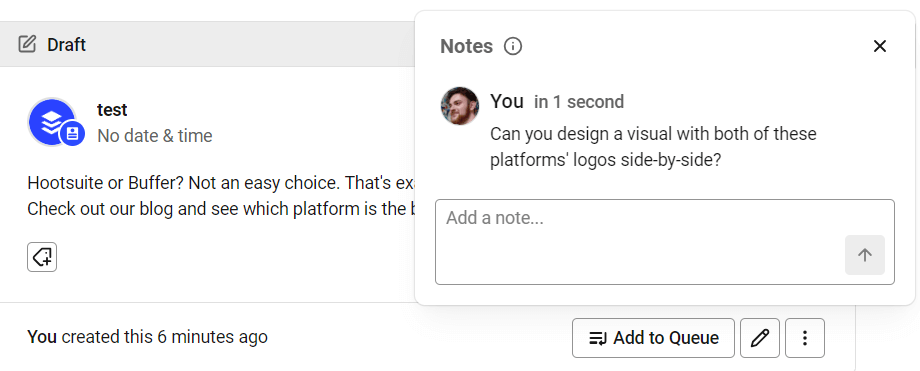 Draft post interface in Buffer with a note requesting a visual featuring Hootsuite and Buffer logos side-by-side for comparison.