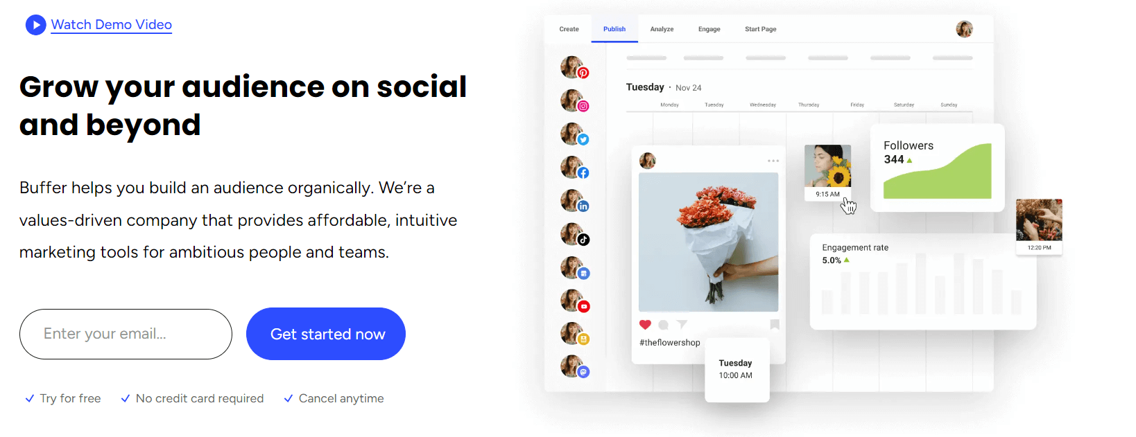 Buffer homepage showcasing a content calendar with social media posts, engagement analytics, and follower growth metrics.