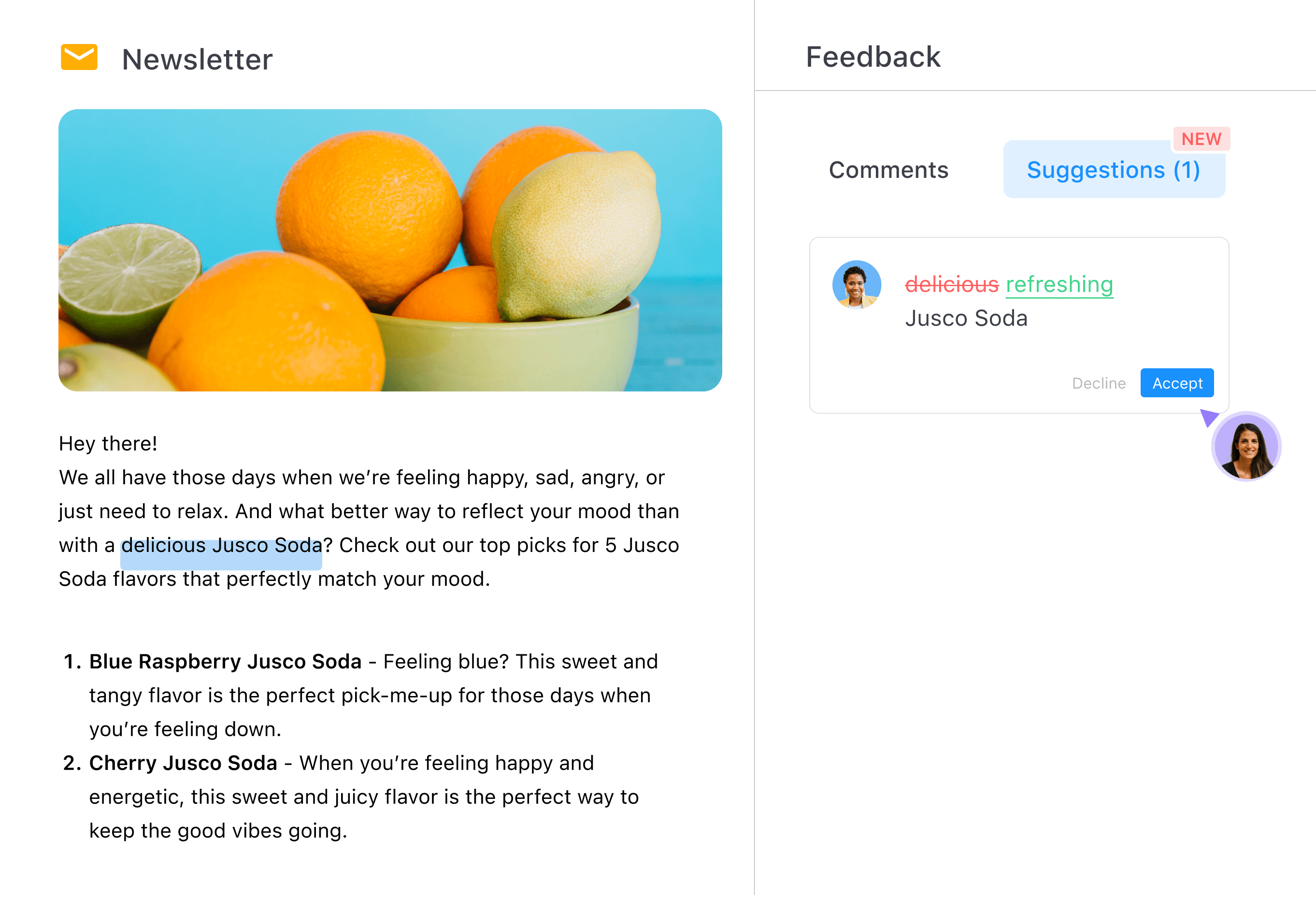 Newsletter draft in Planable featuring a bowl of citrus fruits, with a feedback suggestion to replace “delicious” with “refreshing” for Jusco Soda description.