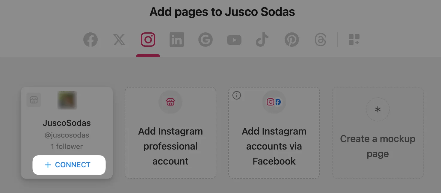 Connect button option to connect IG professional account in Planable